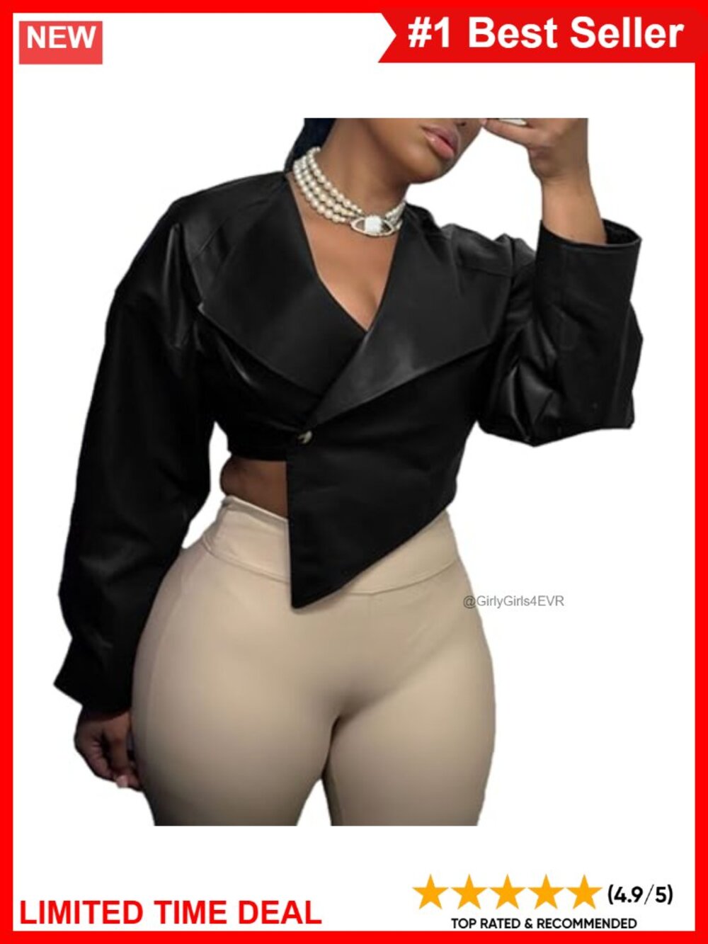 Faux Leather Crop Jacket Women Button Down Long Sleeve PU Coat